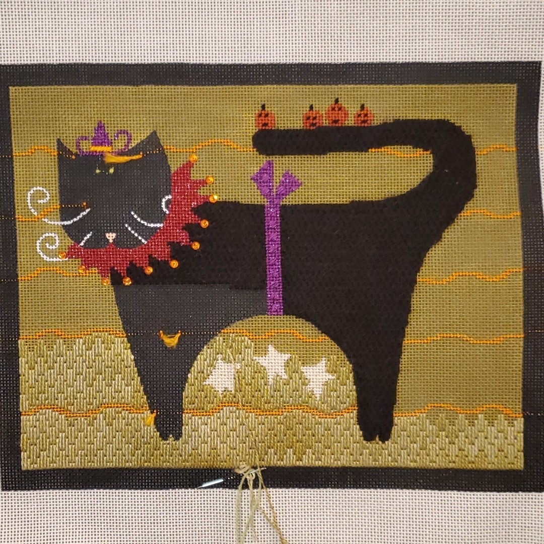 Halloween Black Cat Needlepoint Canvas 13 Inch 13 ct STARTED Jack O ...