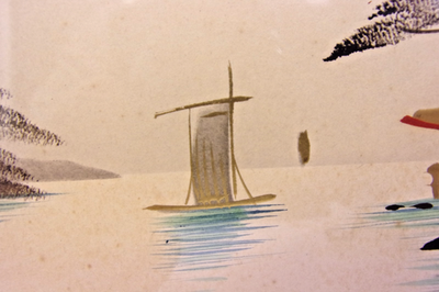 Antique Japanese landscape painting featuring Mount Fuji 1868-1912