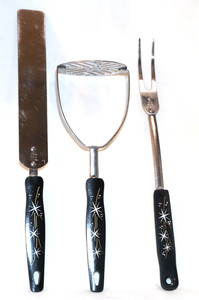 3 Vtg MCM Ekco Atomic Starburst Black Masher Icer Meat Fork Kitchen Utensils