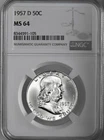1957-D  50C  FRANKLIN SILVER HALF DOLLAR DENVER MINT NGC MS64 #8344591-105