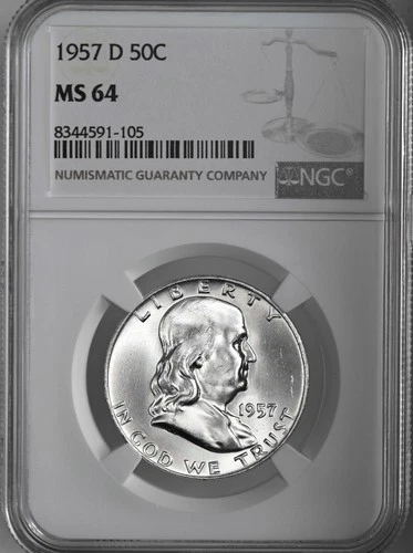 1957-D  50C  FRANKLIN SILVER HALF DOLLAR DENVER MINT NGC MS64 #8344591-105