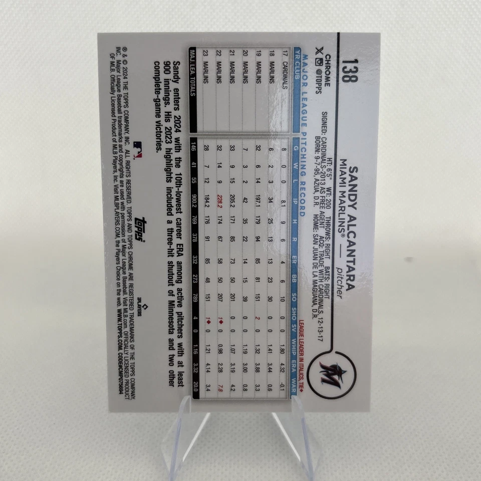 2024 Topps Chrome - Sandy Alcantara #138 Blue RayWave Refractor /150 - Image 2 of 2