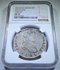 NGC AU-53 1821-RG Zacatecas México 8 Reales Genuino Dólar Colonial Español Moneda