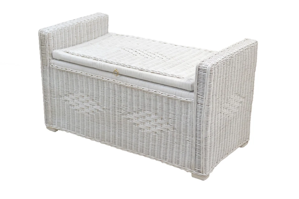 Sitztruhe Rattan Sitzbox mit Sitzkissen massivholz weiss weiß Truhe Schlafzimmer - Bild 2 von 4