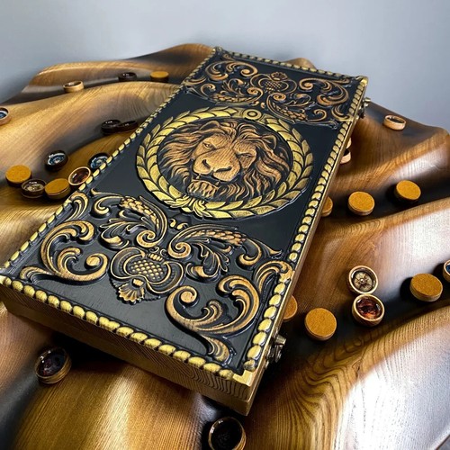 3D Premium WOODEN BACKGAMMON Set Game New Board 48cm (19"), Carved, Lion - Picture 6 of 7