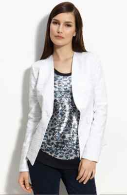 BCBGMAXAZRIA Adrianne White Horizontal Bands with Raw-Edge Blazer Size L