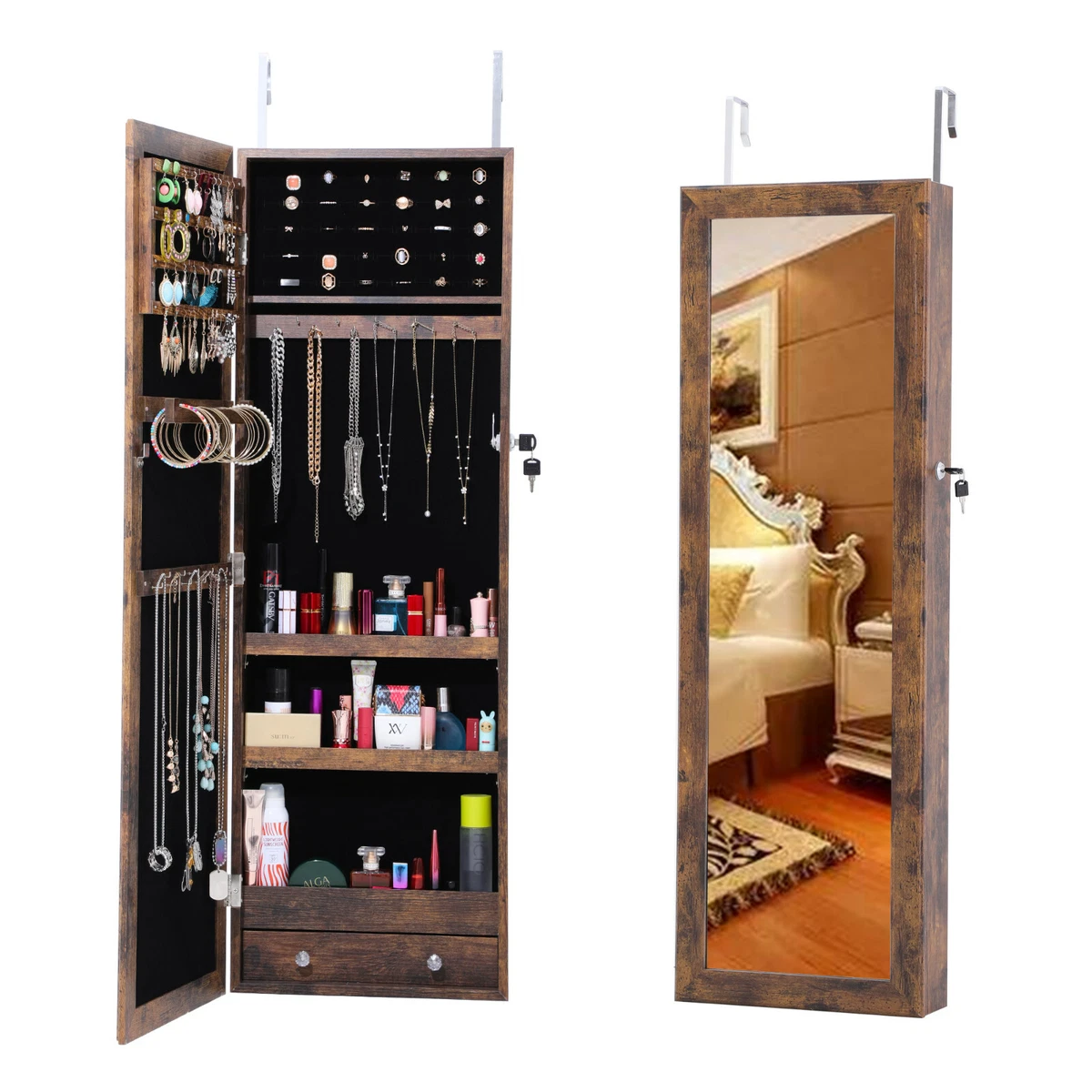 Wall mounted jewelry box with mirror outlet