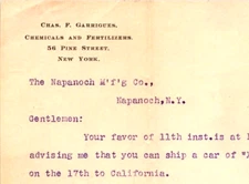 1902 Chas  F Garrigues Chemicals And Fertilizers Letter  NAPANOCH NEW YORK K346