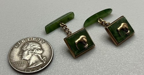 Great Antique Fine 9ct Gold & Green Jade Estate KIWI Bird Estate Cufflinks 8.6g - Picture 5 of 9