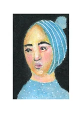 Woman Portrait Painting Blue Winter Art Pom Pom Hat Naive Outsider Miz Katie