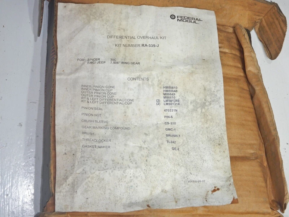 Kit de revisión diferencial Federal Mogul para Jeep Cherokee XJ 84-91 RA-335-J Foto 4 de 4