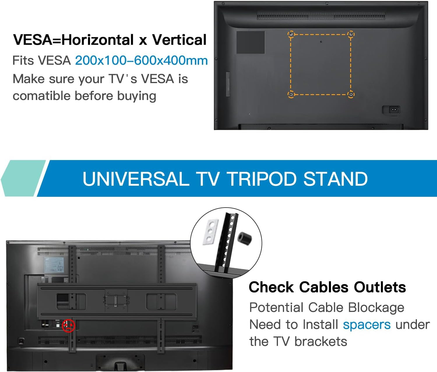 Adjustable Tripod TV Stand for 37-85 Inch Flat Screens, Holds 110 lbs