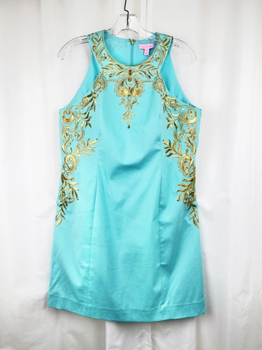 Lily Pulitzer Mini Dress Tina Turquoise Gold Sequin Halter Cocktail Preppy Sz 14