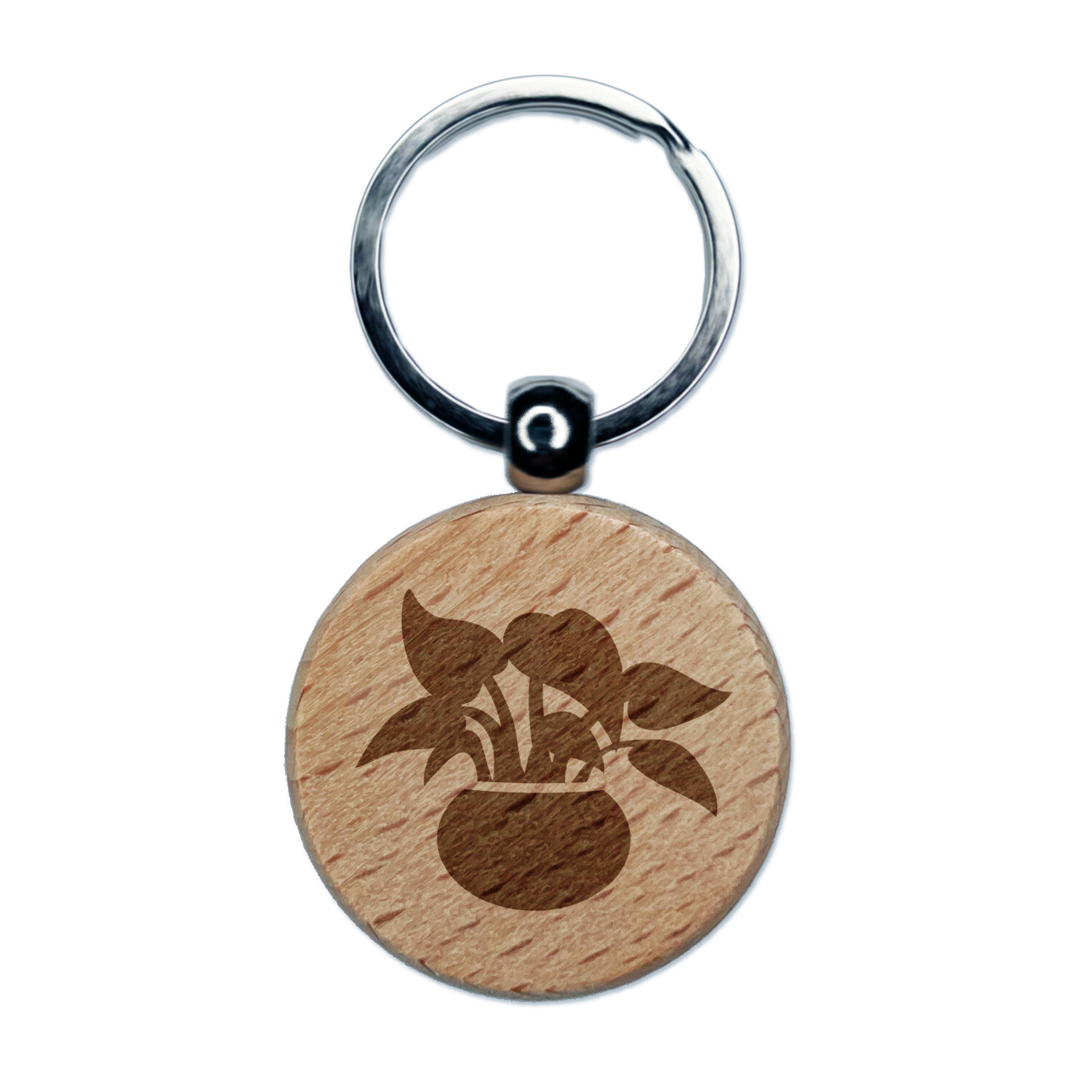Potted Plant Pothos Devils Ivy Engraved Wood Round Keychain Tag Charm