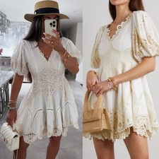 ZIMMERMANN Tiggy Embroidered Linen Puff Sleeve Mini Dress Size US 4