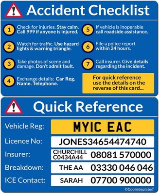 Personalisierte Fahrzeugunfall Checkliste und Kurzübersicht ICE Card