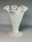 Large Vintage Fenton Milk Glass Trumpet Vase Hobnail Ruffle White Decor