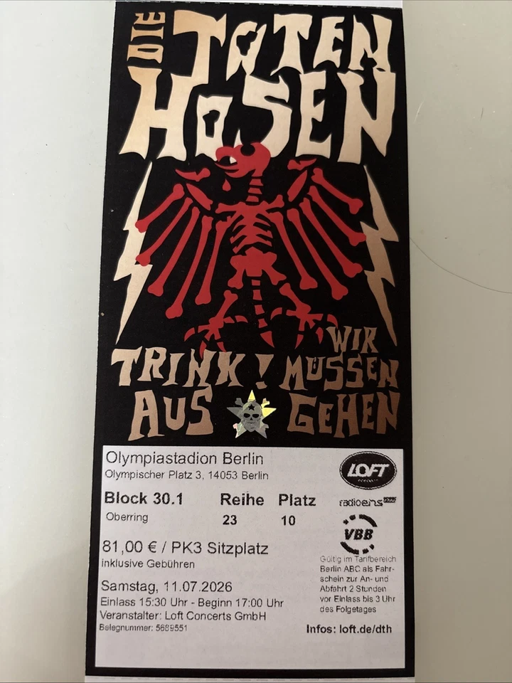 Die Toten Hosen 11.7.26 In Berlin Olympiastadion 2 Tickets - Bild 2 von 2
