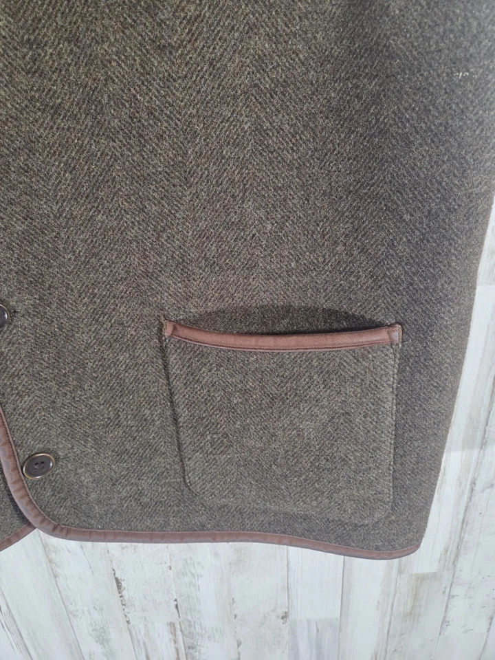 Colete masculino vintage Jones New York mistura de lã XL tweed acabamento em couro espinha de peixe - Imagem 3 de 4