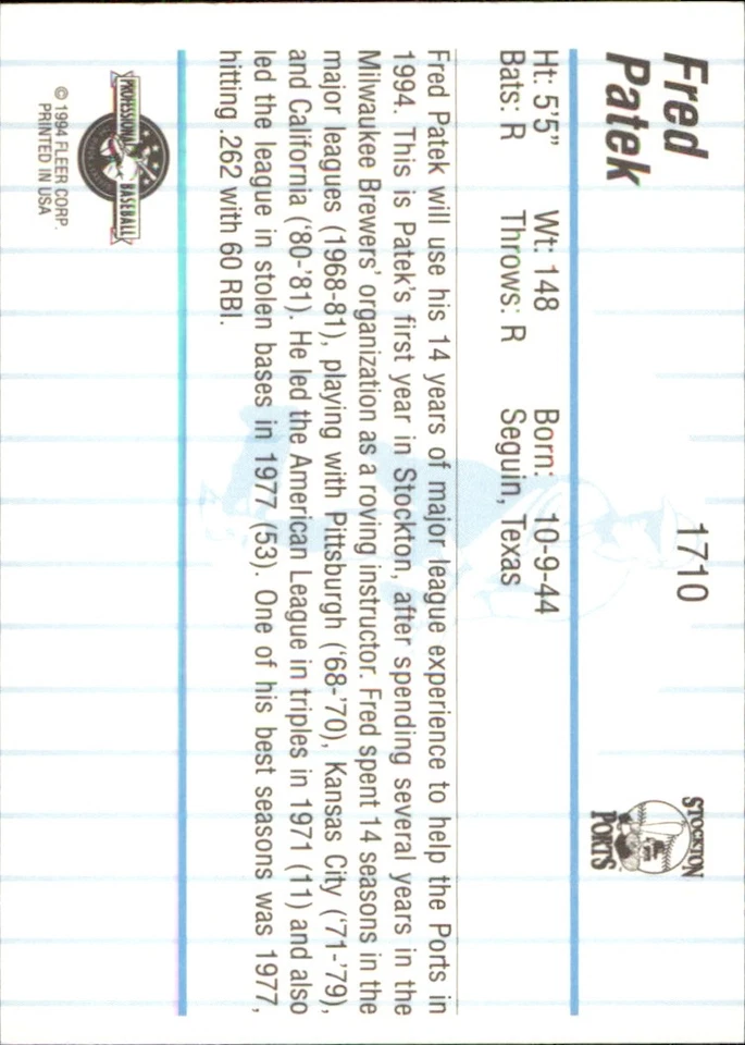 Fred Patek 1994 Fleer ProCards #1710 RC Stockton Ports *AutographDen* - Image 2 of 2