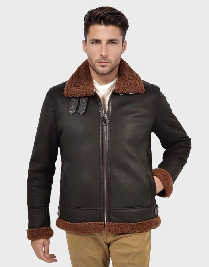 Men’s Genuine Leather Shearling Bomber Jacket – Warm Winter Aviator Coat