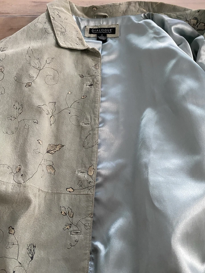 Dialogue Green Floral Lined Suede Shirt Jacket 1X - Image 3 of 4