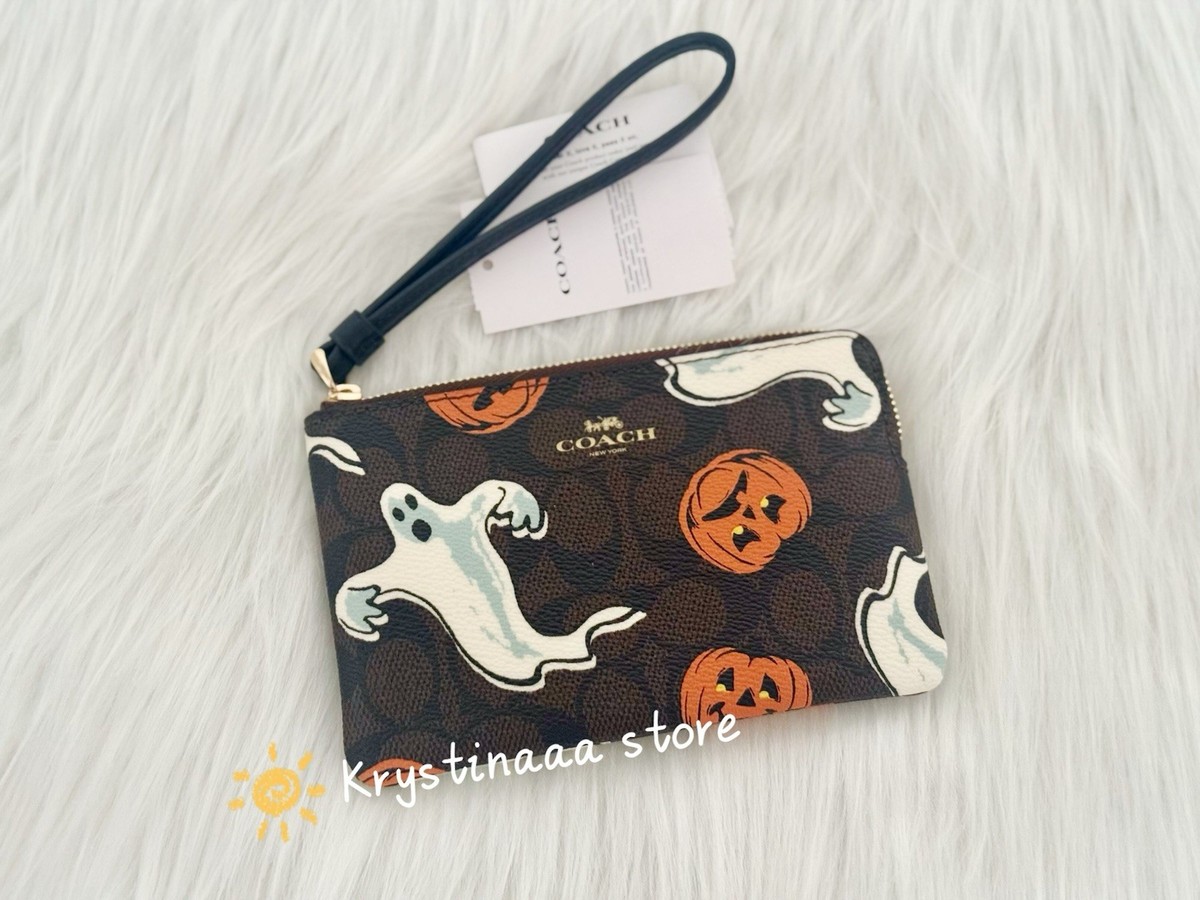 Coach Corner Zip Wristlet With Halloween Ghost Pumpkin In
