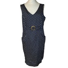 Tahari Arthur S Levine Navy Blue White Polka Dot V-Neck Sheath Dress Size 16