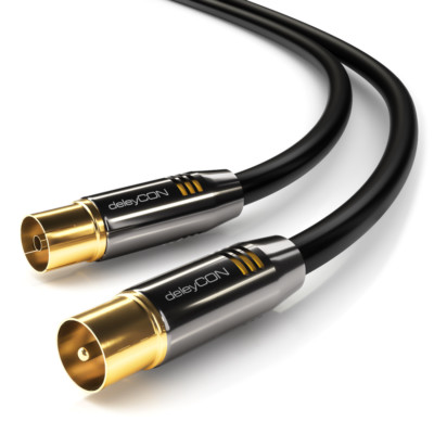 deleyCON HDTV TV Antennenkabel 2m Schwarz - TV-Stecker zu TV-Buchse - METALL