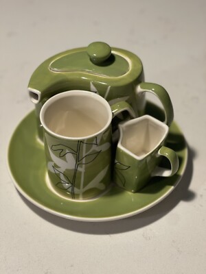 Hues and Brews tea/coffee set with green plant design leaf flowers set of 5 