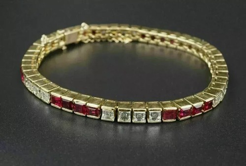 7CT Princess Cut Lab Created Ruby Men's Tennis Bracelet 14K Yellow Gold Finish - Picture 3 of 4