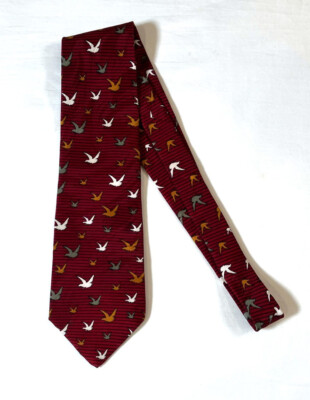 Vintage 1990s Vicky Davis Red Silk Tie Birds Black Stripes Damask 3.5'' Wide