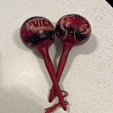 2 VTG Nicaragua Hand Carved  Painted Wooden Maracas 8" Souvenir