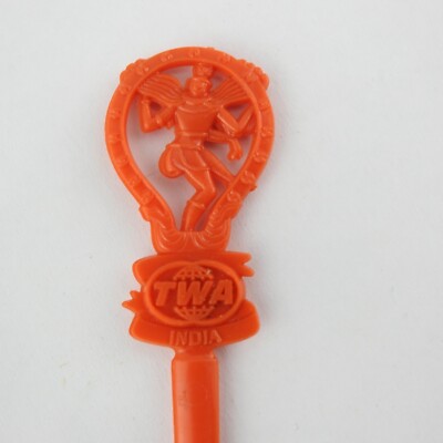 Vintage TWA India Red Orange Swizzle Stick Drink Stirrer Airline Advertising