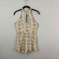 Indigo Rein Gold Cream  Gold Floral Romper Halter Neck Open Back Crochet Lace S