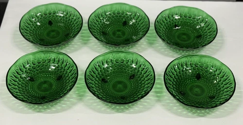 Vtg Retro MCM Set Anchor Hocking Emerald Green Glass Hobnail 3 Footed Candy Dish