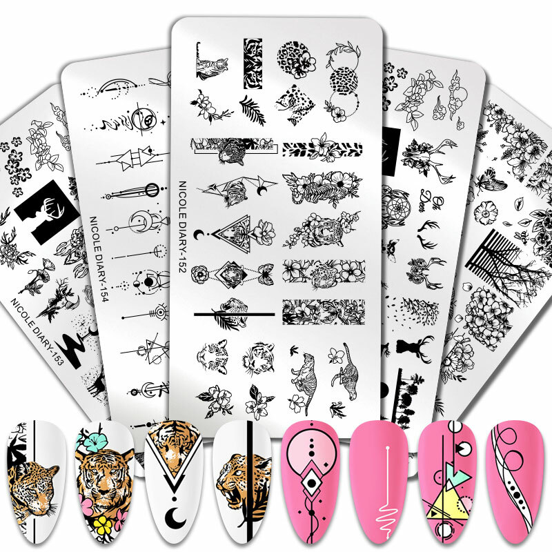 NICOLE DIARY Nail Stamping Plates Deer Tiger Flower Nail Image Stamp Templates