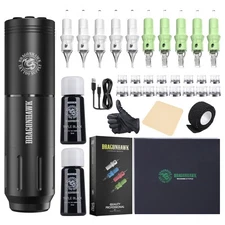 Dragonhawk Wireless Tattoo Kit Rotary Motor Pen Machine Cartridge Needle Ink Set