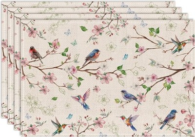 Spring Placemats Set of 4 12x18 Inch for Dinning Table - Floral Bird Branch Spri