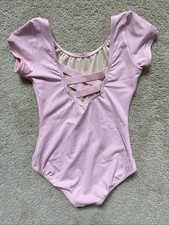 Capezio Girls Sz L Soft Pink Basic Short Sleeve Leotard Strappy Back Lined