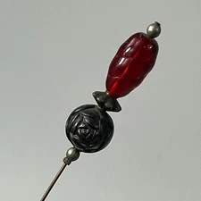 Vintage 8" Hat Pin Red Swirl Glass Carved Rose Bead Stick Pin Mid Century