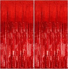 2 Pack Foil Curtain Backdrop Red Metallic Tinsel Foil Fringe Curtains Photo Boot