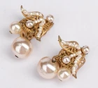 Vintage Miriam Haskell Gold Tone Pearl Cluster Clip On Earrings Signed 1.15"