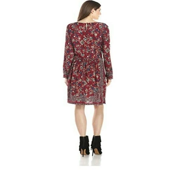 Vestido Lucky Brand Para Mujer M Rojo Floral Manga Larga Cremallera Trasera Cerradura Botón Foto 2 de 4
