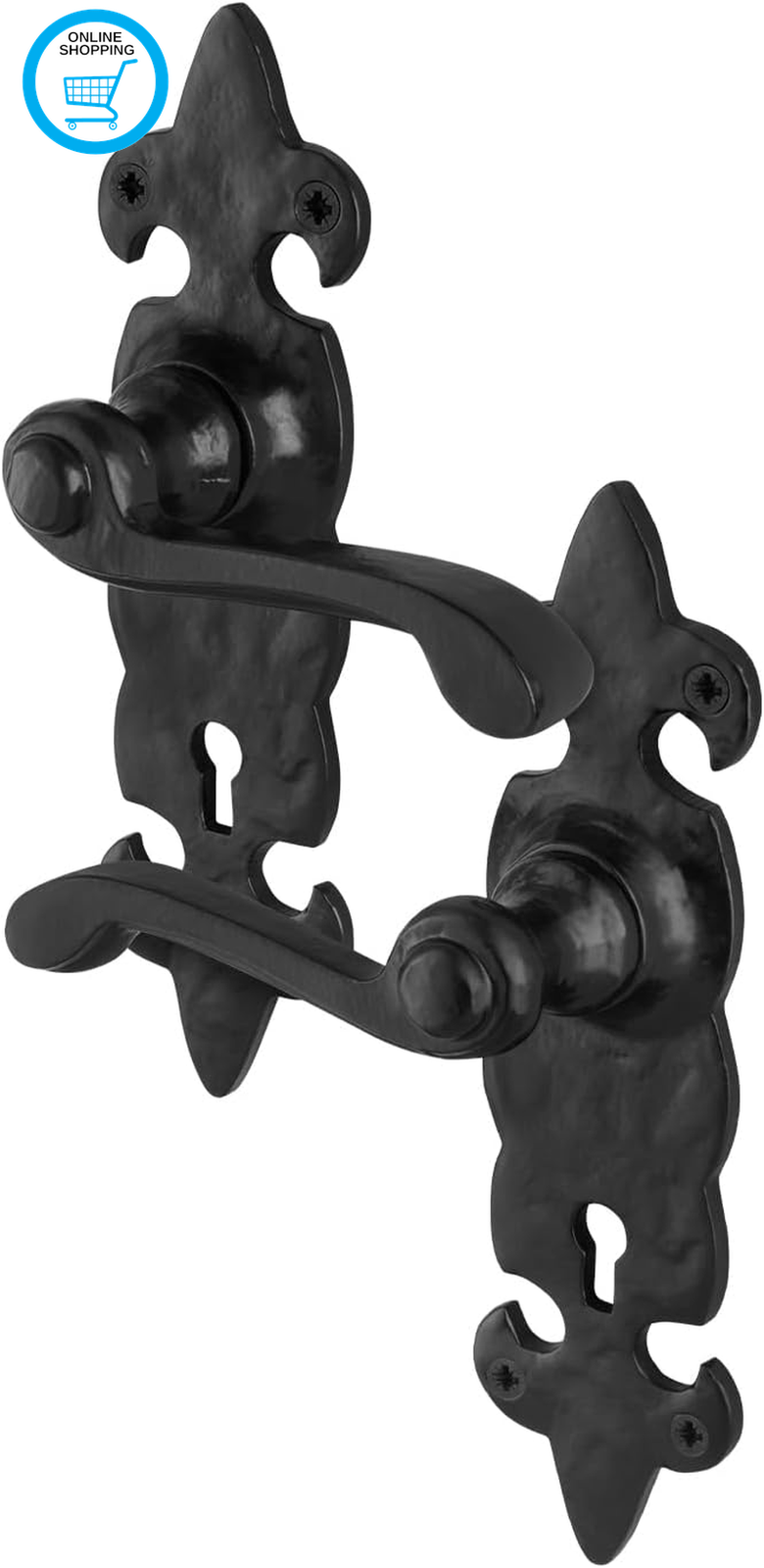 Fleur De LYS Black Antique Door Handles Key Lock, 1 Pair of Cast Iron Internal a