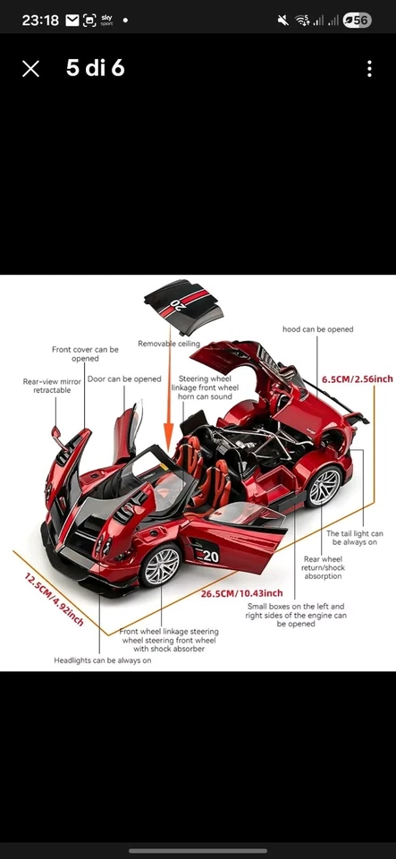 Pagani Huayra Roadster Rossa "20" 1:18 Modellino Auto Metallo Tutto Apribile - Immagine 3 di 4