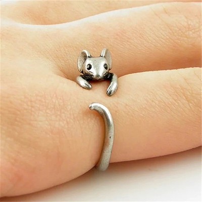 Huitan Vintage Mouse Animal Finger Ring for Women Antique Silver Color Gothic