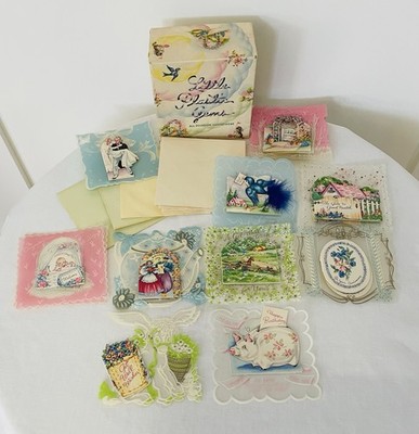Vintage 40s Little Plastic gems 21 Greeting Birthday Wedding Baby Cards Orig Box