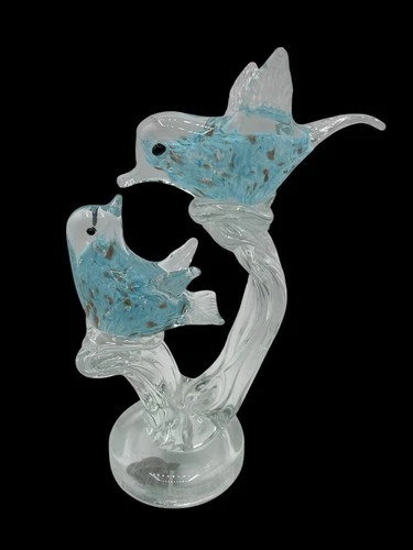 VTG MURANO Two Love Birds On Branch Blue Gold Flecked Blown Glass Orig Sticker