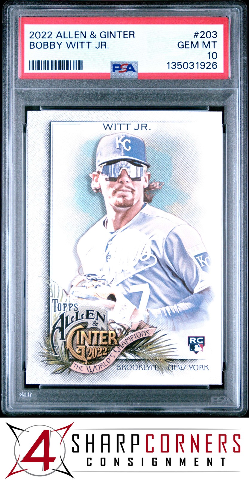 2022 TOPPS ALLEN & GINTER #203 BOBBY WITT JR. RC ROYALS PSA 10